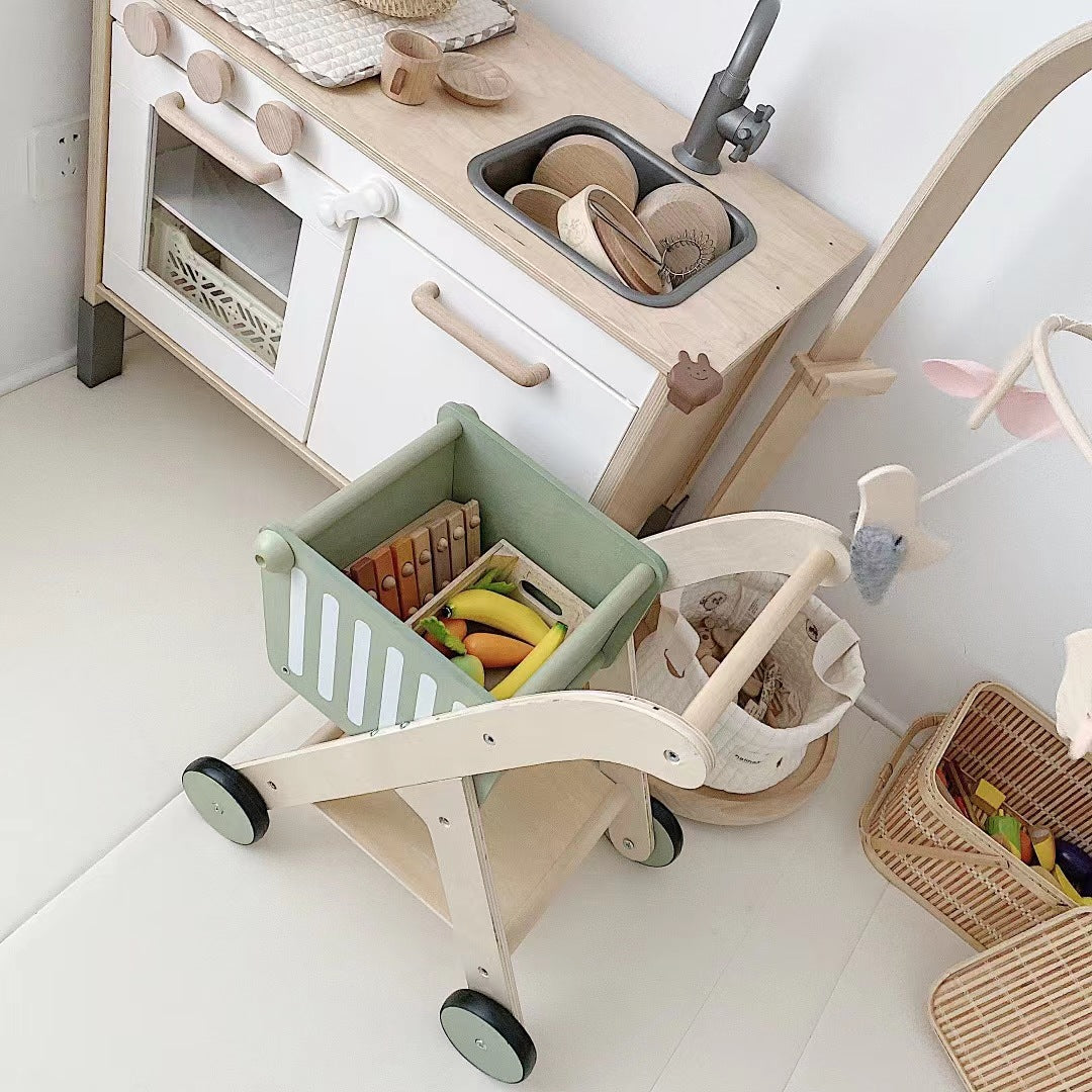 Houten boodschappenkarretje – groen 🛒🌿