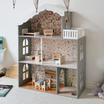 Houten Scandinavisch Poppenhuis – Drie Verdiepingen Vol Fantasie 🏡✨