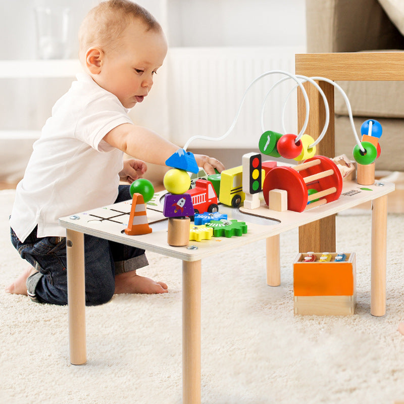 🧩✨ Montessori Houten Activiteitenbord – Grote Kralenbaan & Speeltafel 🌈🎲