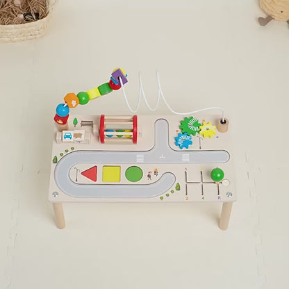 🧩✨ Montessori Houten Activiteitenbord – Grote Kralenbaan & Speeltafel 🌈🎲
